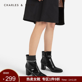 CHARLES&KEITH女靴女鞋冬季SL1-91680006金属铆钉饰拉链高跟短靴女 Black黑色 35