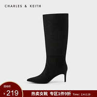 CHARLES＆KEITH2021春季CK1-90360326女士简约尖头高跟长靴 Black Textured黑色纹理 38