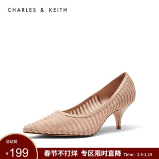 CHARLES＆KEITH2021春季CK1-60280229条纹网面饰尖头高跟单鞋女 Nude肉色 41