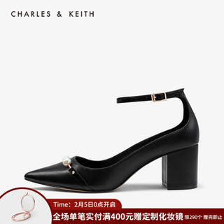 CHARLES＆KEITH2021春季CK1-60280228圆珠装饰女士尖头高跟单鞋鞋子女 黑色Black 34