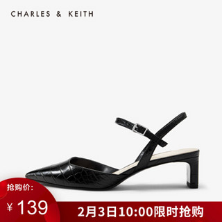 CHARLES＆KEITH2021春季CK1-61720039方口鞋面饰尖头中跟单鞋女 Black黑色 35