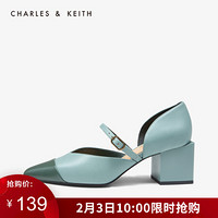 CHARLES＆KEITH2021春季CK1-61680090拼色高跟玛丽珍鞋单鞋女 Slate Blue灰蓝色 34