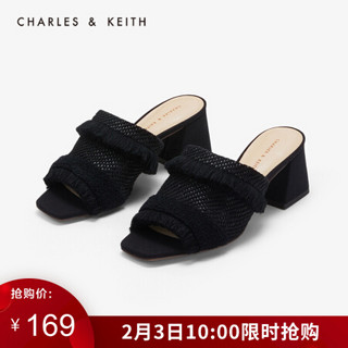 CHARLES＆KEITH2021春季CK1-60361238女士时尚流苏装饰露趾高跟凉鞋女 黑色Black 34