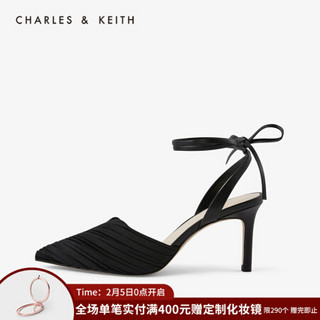 CHARLES＆KEITH2021春季CK1-60920189女士褶皱尖头高跟凉鞋 Black黑色 40