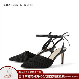 CHARLES＆KEITH2021春季CK1-60920189女士褶皱尖头高跟凉鞋 Black黑色 40