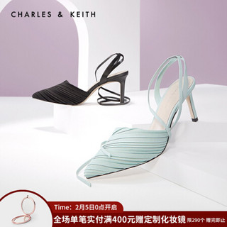 CHARLES＆KEITH2021春季CK1-60920189女士褶皱尖头高跟凉鞋 Black黑色 34