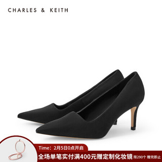 CHARLES＆KEITH2021春季CK1-60361278女士纯色简约尖头高跟单鞋 Black Textured黑色纹理 41