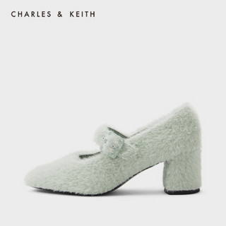 CHARLES＆KEITH2021春季CK1-60920230女士毛绒高跟玛丽珍鞋单鞋 Sage Green灰绿色 36