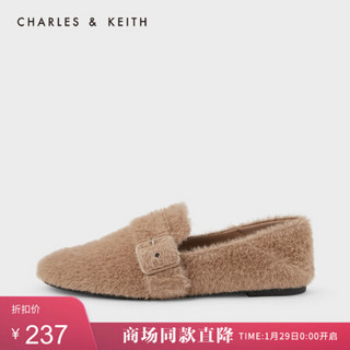 CHARLES＆KEITH2021春季CK1-70900162-1女士绊带毛绒平底乐福鞋 Camel驼色 39