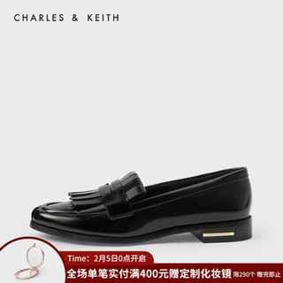 CHARLES＆KEITH2021春季CK1-70380851女士流苏装饰低跟乐福鞋 Black黑色 39