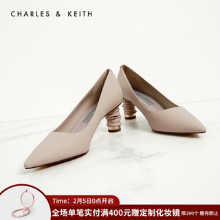 CHARLES＆KEITH2021春新品CK1-60280286女士褶皱粗跟尖头高跟单鞋 Taupe灰褐色 41