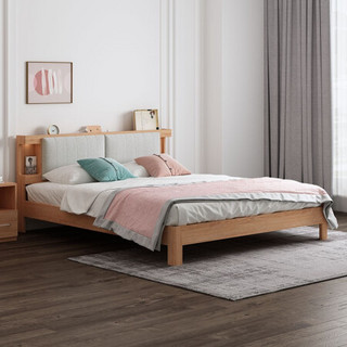 A家家具 储物床北欧软靠布艺可充电双人床极简实木框架床头夜光灯床Y3A2109 1.5米架子床+床垫