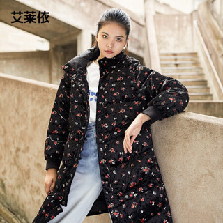 艾莱依羽绒服2020新款女中长款秋冬可拆卸轻薄大廓形百变白鸭绒羽绒长大衣 黑色底花 170