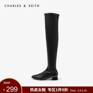 CHARLES&KEITH女鞋冬季CK1-90920072拼接鞋面低跟过膝长靴女 Black黑色 40