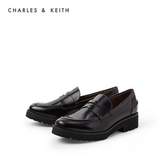 CHARLES＆KEITH2021春季CK1-70580139女士简约厚底中跟乐福鞋 Burgundy葡萄酒红色 41