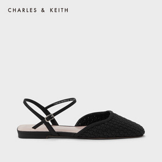 CHARLES＆KEITH2021春新品CK1-70580148女士编织鞋面方头平跟凉鞋 Black黑色 40