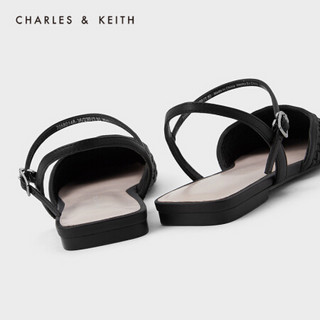 CHARLES＆KEITH2021春新品CK1-70580148女士编织鞋面方头平跟凉鞋 Black黑色 40