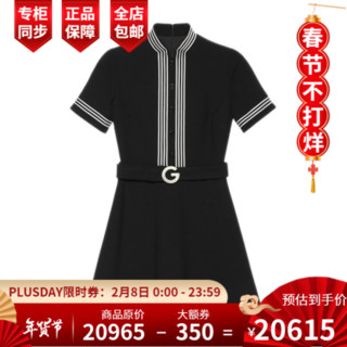 GUCCI古驰女装短袖连衣裙2021新款轻质羊毛绉绸优雅清新亮丽G搭扣腰带 643352 ZAFGT 1043  黑色 46