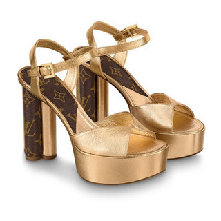 商品路易威登lv女鞋凉鞋圆形monogram花卉形状鞋跟金属质感小羊皮时尚