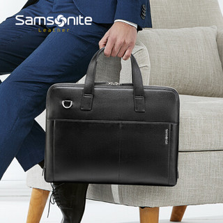 Samsonite/新秀丽公文包牛皮商务休闲手提包时尚男包横款商务包 黑色TO2*09002