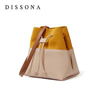 DISSONA 迪桑娜 2020包包时尚单肩包复古欧美拼色抽带水桶包 浅灰色