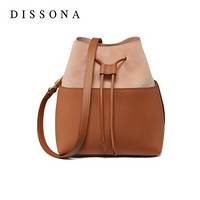DISSONA 迪桑娜 2020包包时尚单肩包复古欧美拼色抽带水桶包 棕色