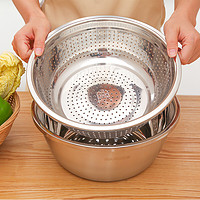 美厨淘米水果洗菜盆套装食品级304不锈钢盆带盖圆形家用沥水篮面