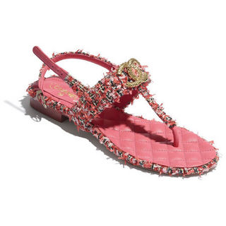 CHANEL香奈儿女鞋2021年早春系列斜纹软呢珊瑚色、红与粉红低跟凉鞋时尚休闲 41