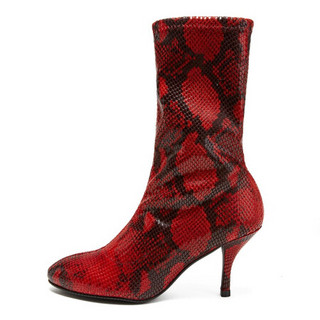 斯图尔特·韦茨曼 STUART WEITZMAN 鞋盒微瑕 女士红色拼色织物短靴 SLAINE 80 FOLLOWME RED PYTHON  37 NN