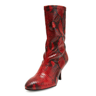 斯图尔特·韦茨曼 STUART WEITZMAN 鞋盒微瑕 女士红色拼色织物短靴 SLAINE 80 FOLLOWME RED PYTHON  37 NN