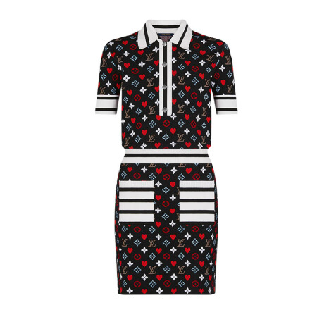 LouisVuitton/路易威登2021年新款女装扑克撞色条纹提花针织短袖连衣裙 1A8M5I  黑色/白色 M