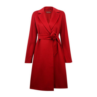 麦丝玛拉maxmara20秋冬女士红色长款翻领系带羊毛大衣外套