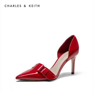 CHARLES＆KEITH2020女鞋秋冬CK1-60361240搭扣装饰尖头高跟鞋单鞋婚鞋女 Red红色 35