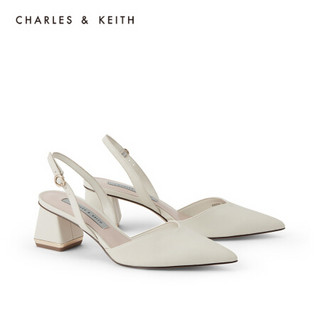 CHARLES＆KEITH2021春季新品CK1-60920241女士后绊带尖头粗跟单鞋 粉白色Chalk 35