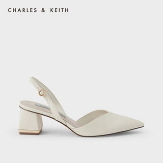 CHARLES＆KEITH2021春季新品CK1-60920241女士后绊带尖头粗跟单鞋 粉白色Chalk 35