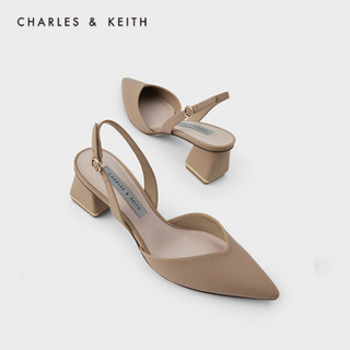 CHARLES＆KEITH2021春季新品CK1-60920241女士后绊带尖头粗跟单鞋 Sand沙色 37