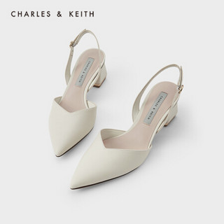 CHARLES＆KEITH2021春季新品CK1-60920241女士后绊带尖头粗跟单鞋 粉白色Chalk 35