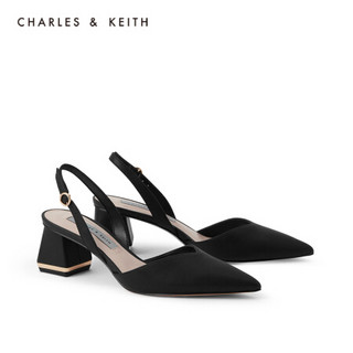 CHARLES＆KEITH2021春季新品CK1-60920241女士后绊带尖头粗跟单鞋 Black黑色 35