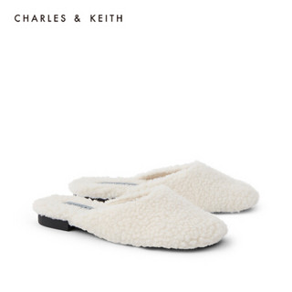 CHARLES＆KEITH2021春季新品CK1-70900287女士毛绒鞋面平跟拖鞋 粉白色Chalk 37