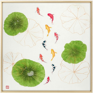 新中式手绘国画 鲤鱼挂画 现代 轻奢 斗方九鱼图餐厅装饰画