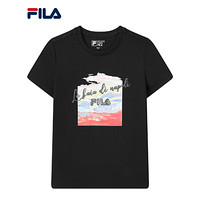 FILA 斐乐官方女士短袖T恤2021年冬季印花logo白色针织纯棉短袖衫 F11W118104F 正黑色-BK 175/92A/XL