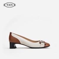 TOD'S 2021春夏新品 女士粗跟羊皮革高跟鞋单鞋 白拼咖色 35.5