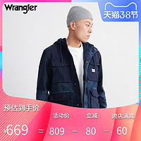 Wrangler威格男款蓝色拼接连帽休闲潮流厚牛仔夹克W35291J80Q97