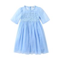 安奈儿童装女童甜美仙女范网纱中袖连衣裙新款 冰水蓝 120cm