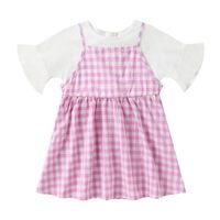 安奈儿童装女童假两件公主裙短袖新款女宝宝连衣裙一二岁 TG923089  紫白格 80cm