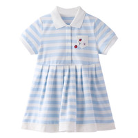 安奈儿童装女童连衣裙简约新款半袖条纹柔软公主裙 蓝白条 100cm