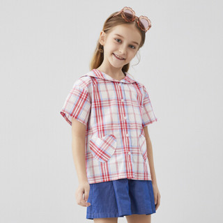 安奈儿童装女童衬衫季新款海军领心形口袋甜美格子衬衫 白红格 150cm