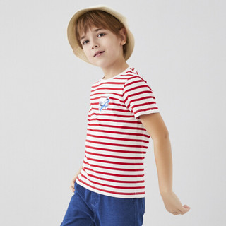 安奈儿童装男童短袖T恤圆领季新款时尚条纹上衣 白红条 160cm