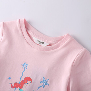 安奈儿童装女童T恤季新款荷叶边袖子人鱼女孩印花短袖 蔷薇粉 140cm