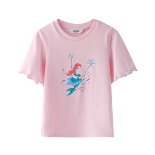 安奈儿童装女童T恤季新款荷叶边袖子人鱼女孩印花短袖 蔷薇粉 140cm